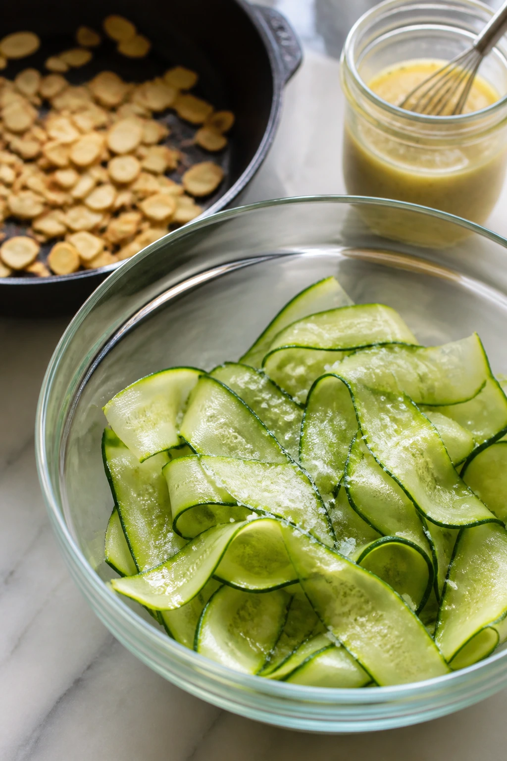 Close-up of salted zucchini ribbons in a glass bowl with almonds in background