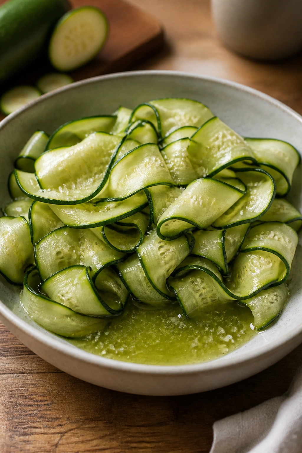 Salt on zucchini ribbons resting to draw out moisture