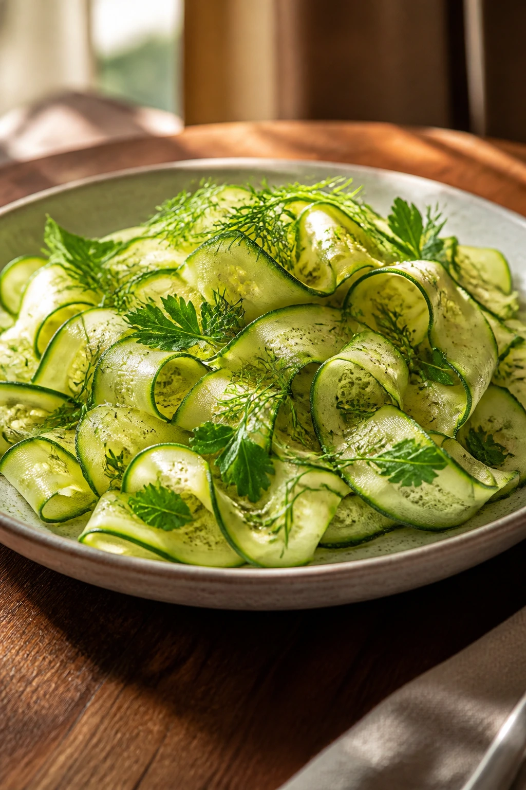 Zucchini ribbon salad arranged on a rustic platter with herbs