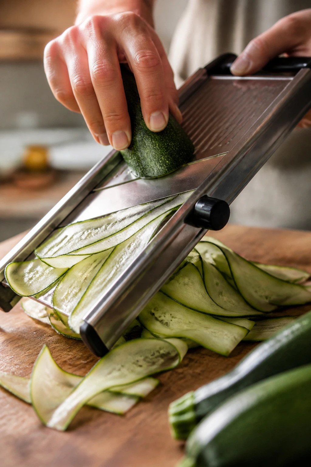 Hand slicing zucchini into thin ribbons on cutting board