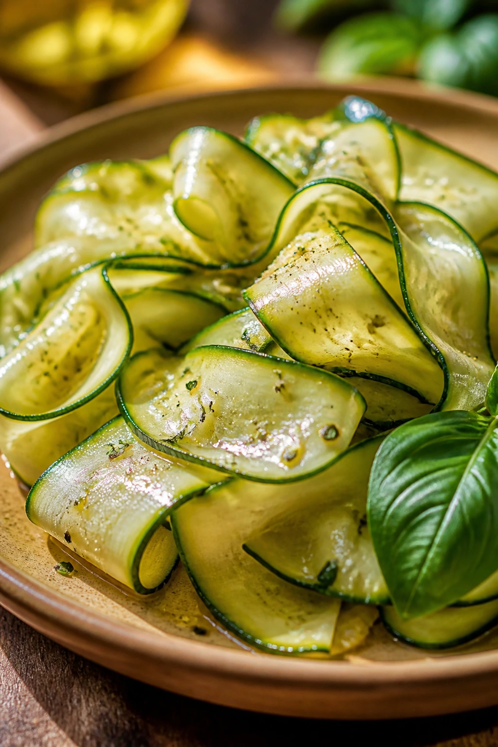 Close-up of zucchini ribbons on a warm plate with bright dressing in a cozy kitchen