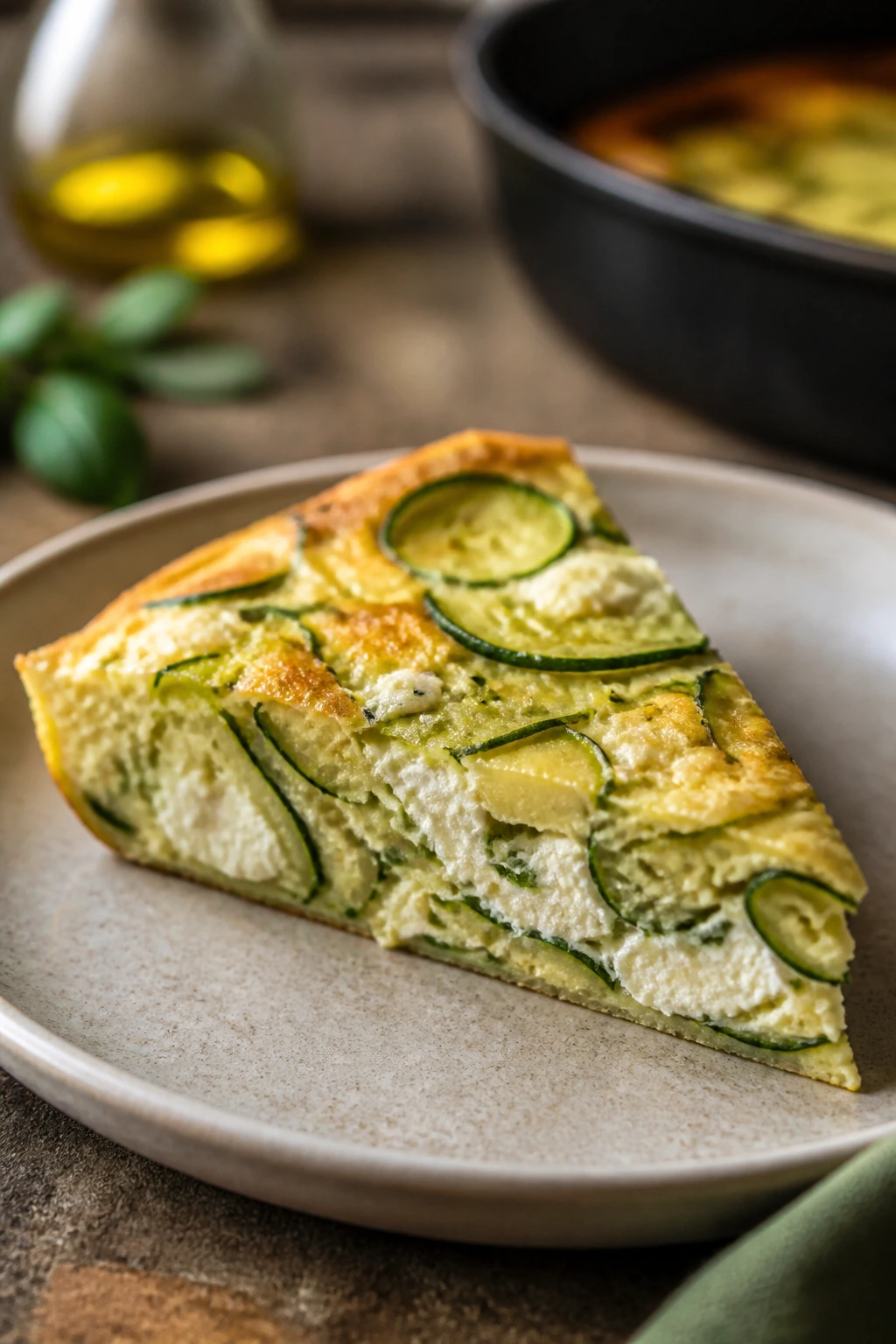 Slice of zucchini ricotta frittata on a plate