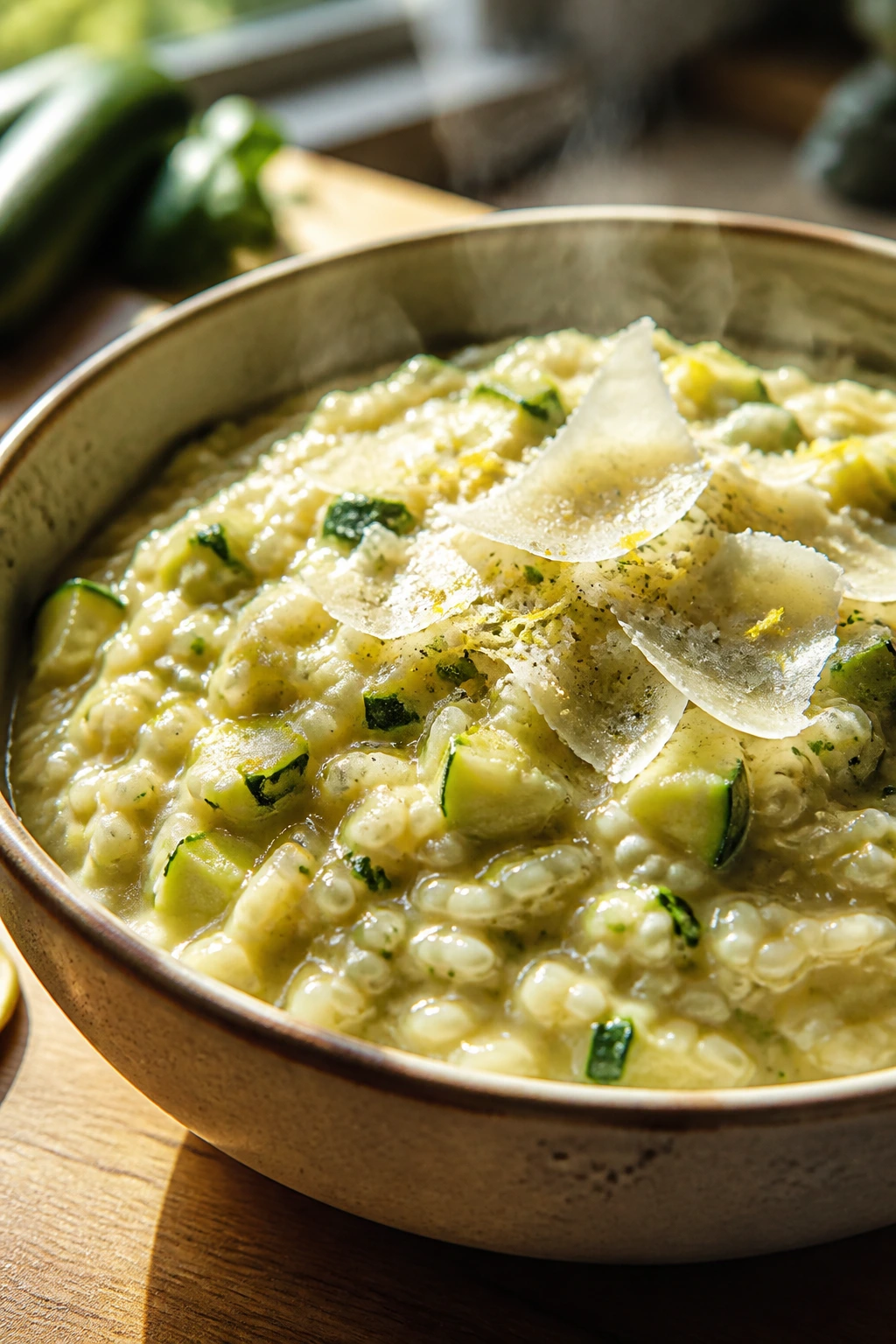 Close-up of creamy zucchini risotto with Parmesan in a bowl