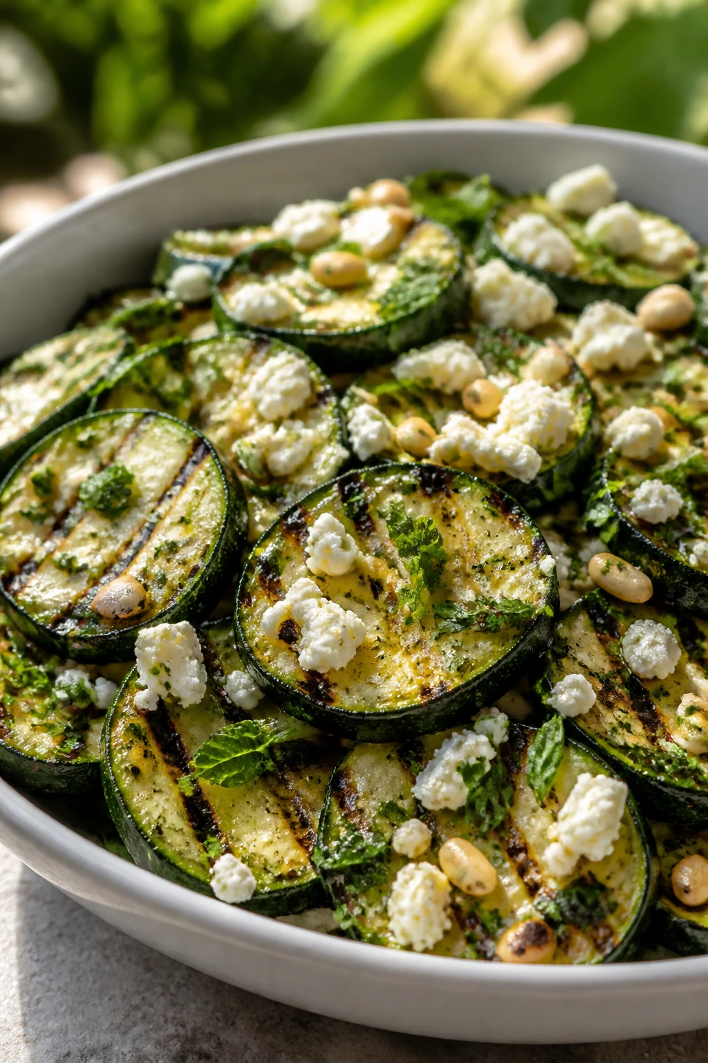 Close-up of grilled zucchini salad with feta and pine nuts in a bowl