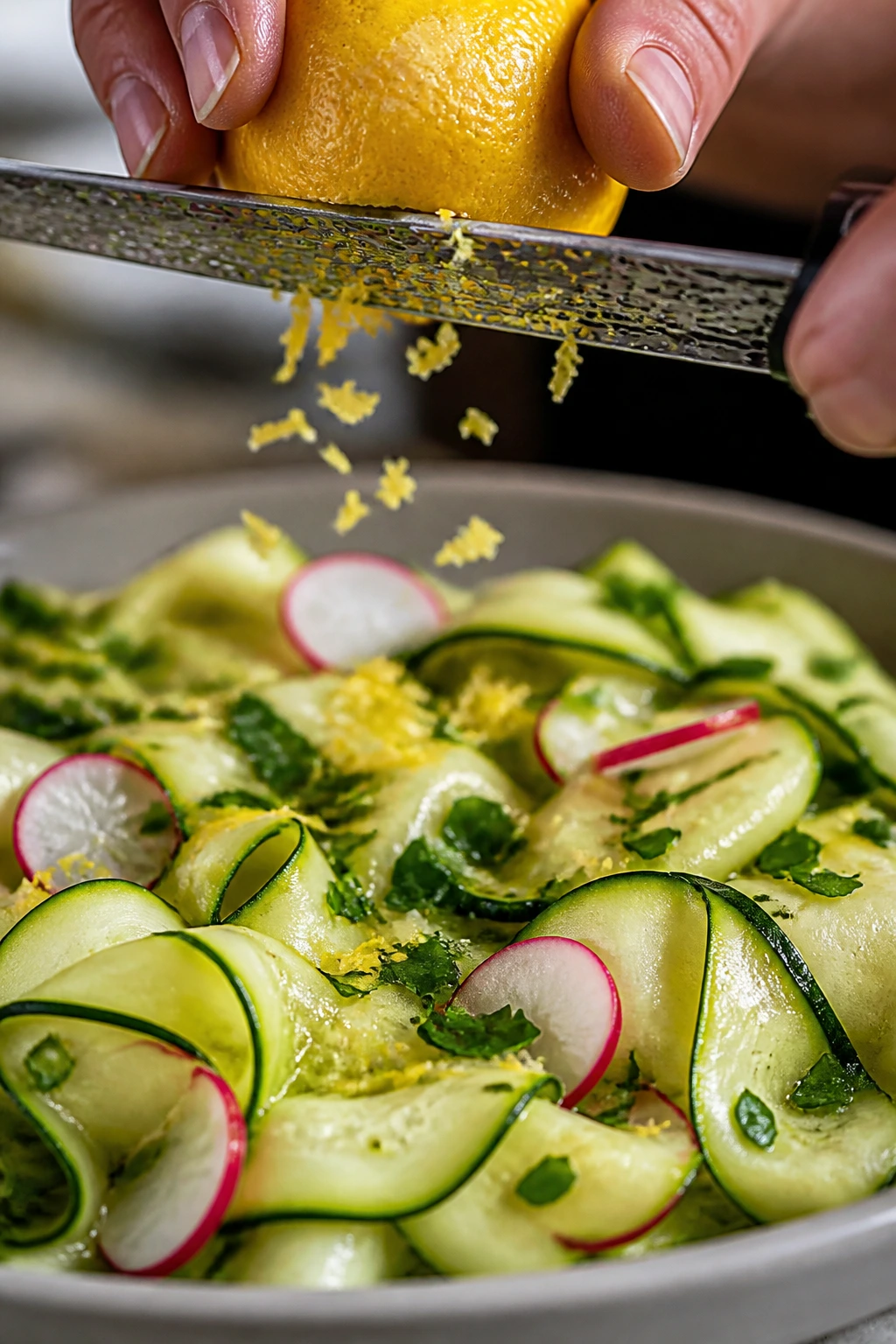 Macro shot of lemon zest over zucchini ribbons with radish accents