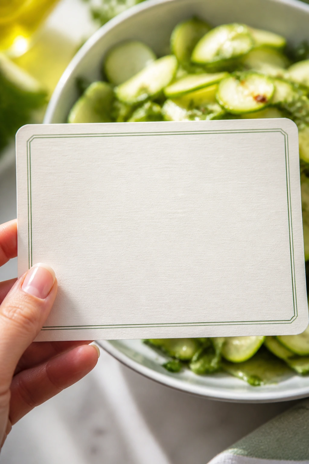 Close-up of blank recipe card held in hand with zucchini salad in background