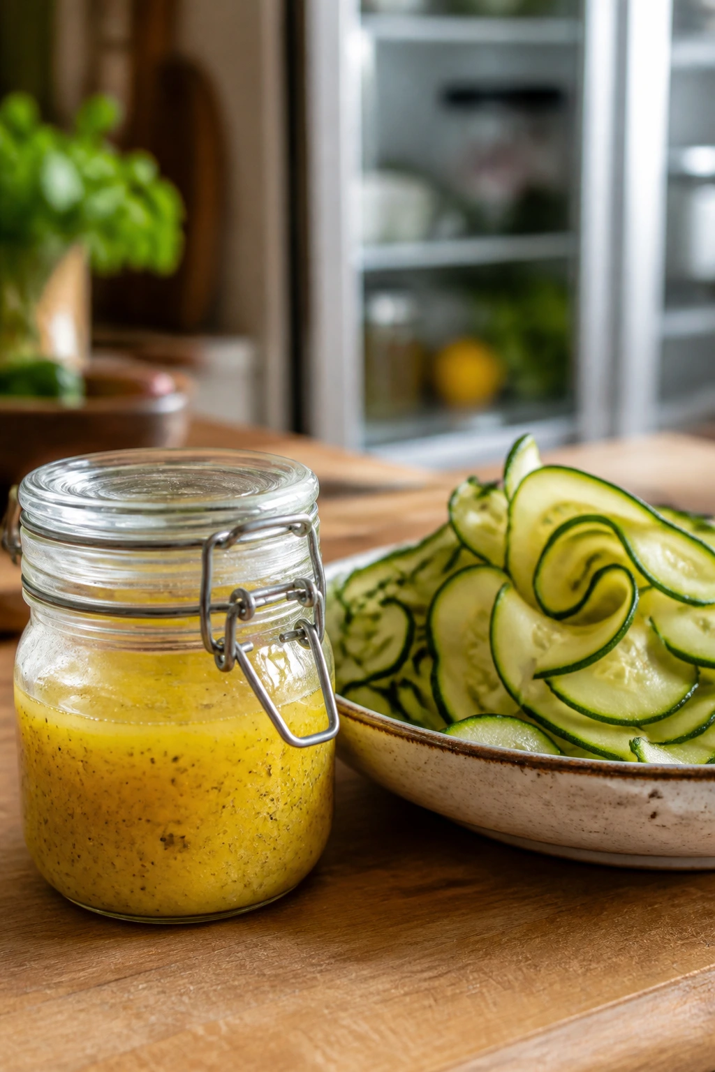 Close-up of lemon dressing jar and zucchini ribbons ready for storage in a kitchen