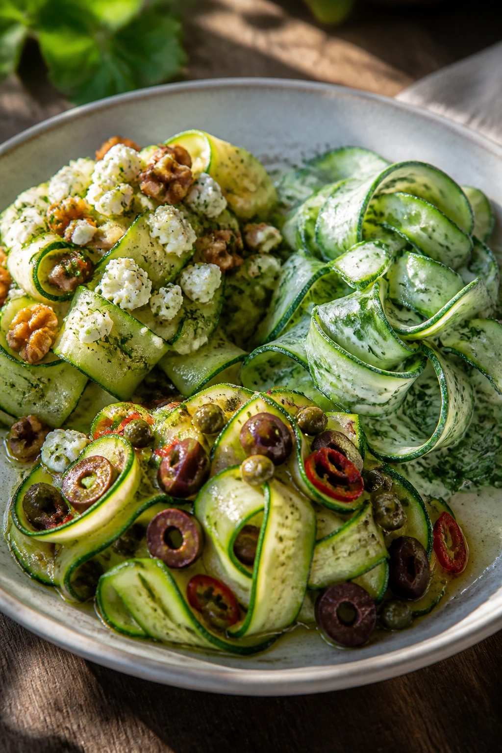 Zucchini ribbon salad with feta, herbs, and capers variations on a plate