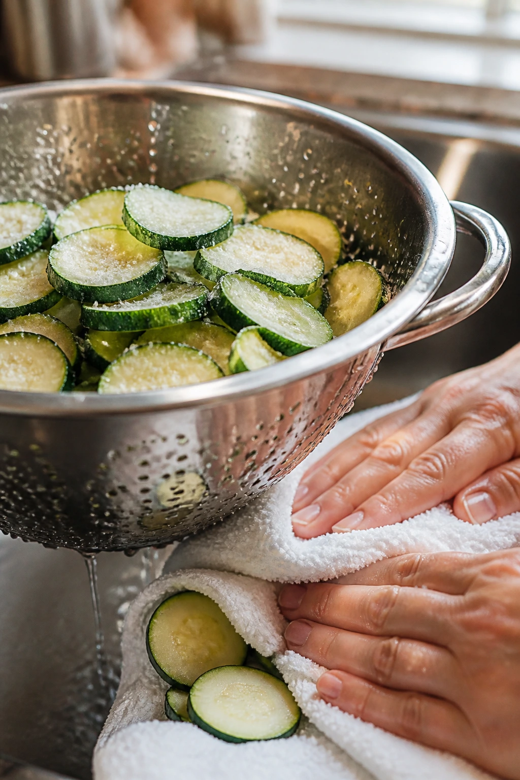 Close-up of salted zucchini slices draining in a colander in a warm kitchen