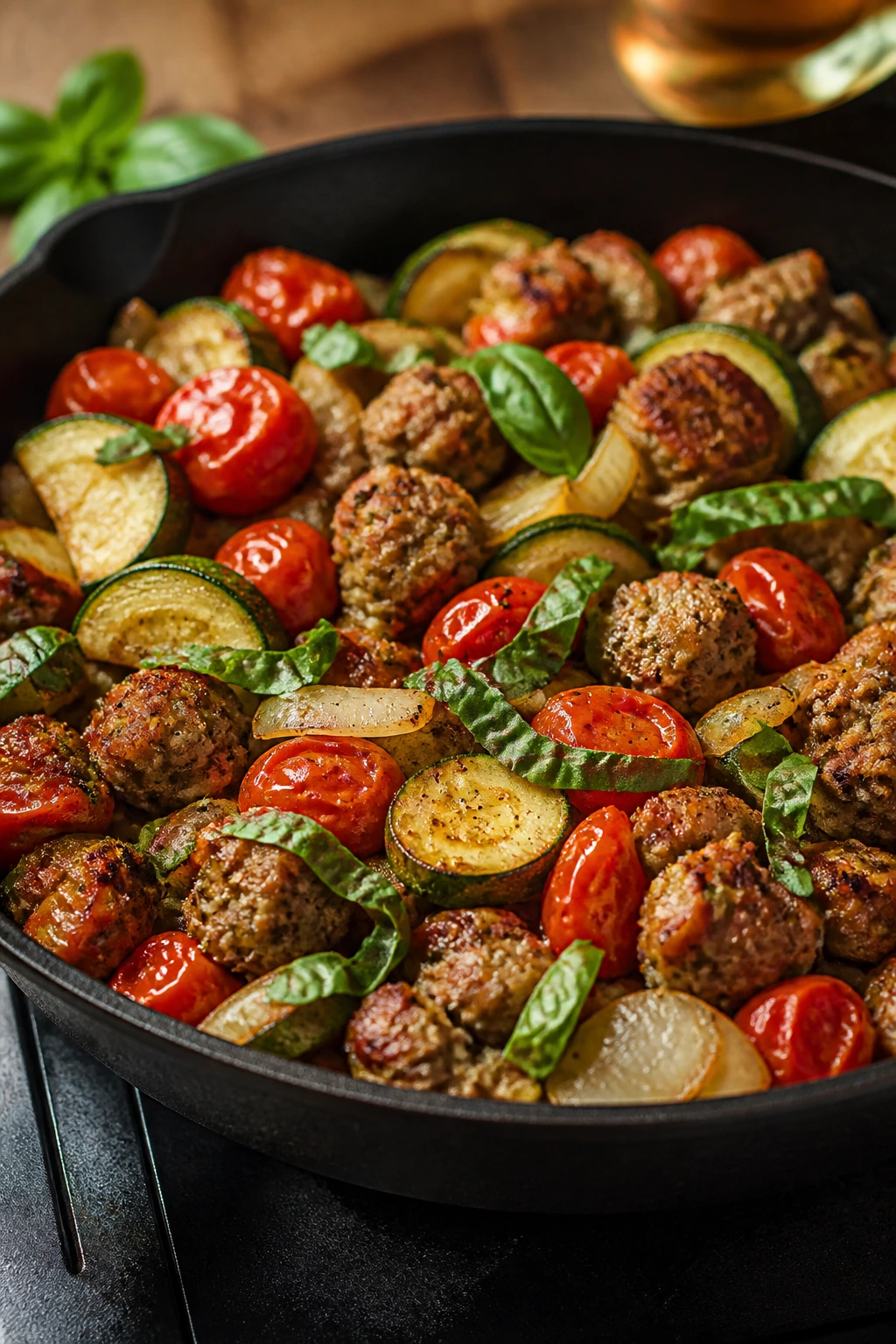 Close-up of zucchini, sausage, and tomatoes in a skillet