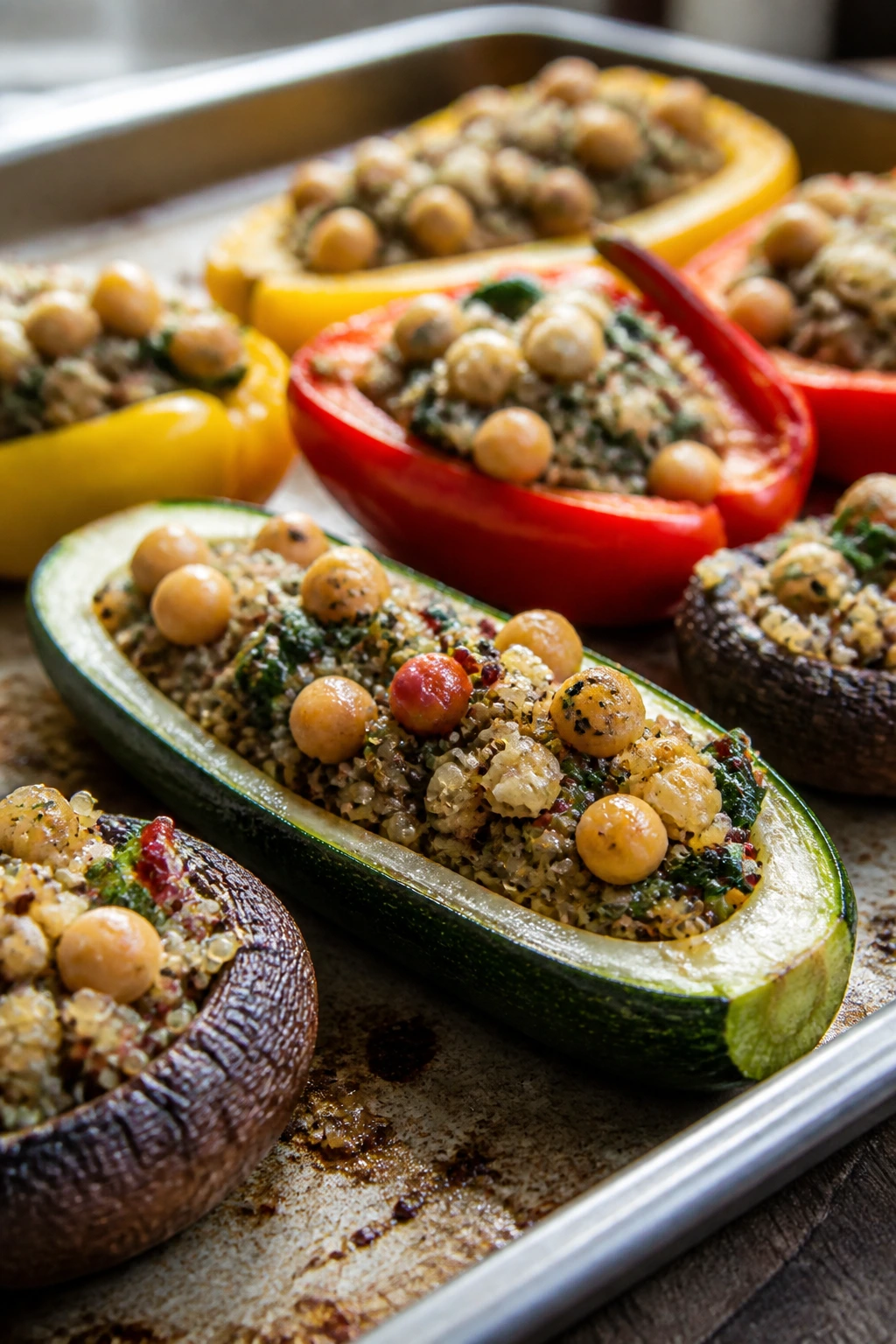 Zucchini shell filled with garlicky quinoa chickpea filling on a baking sheet