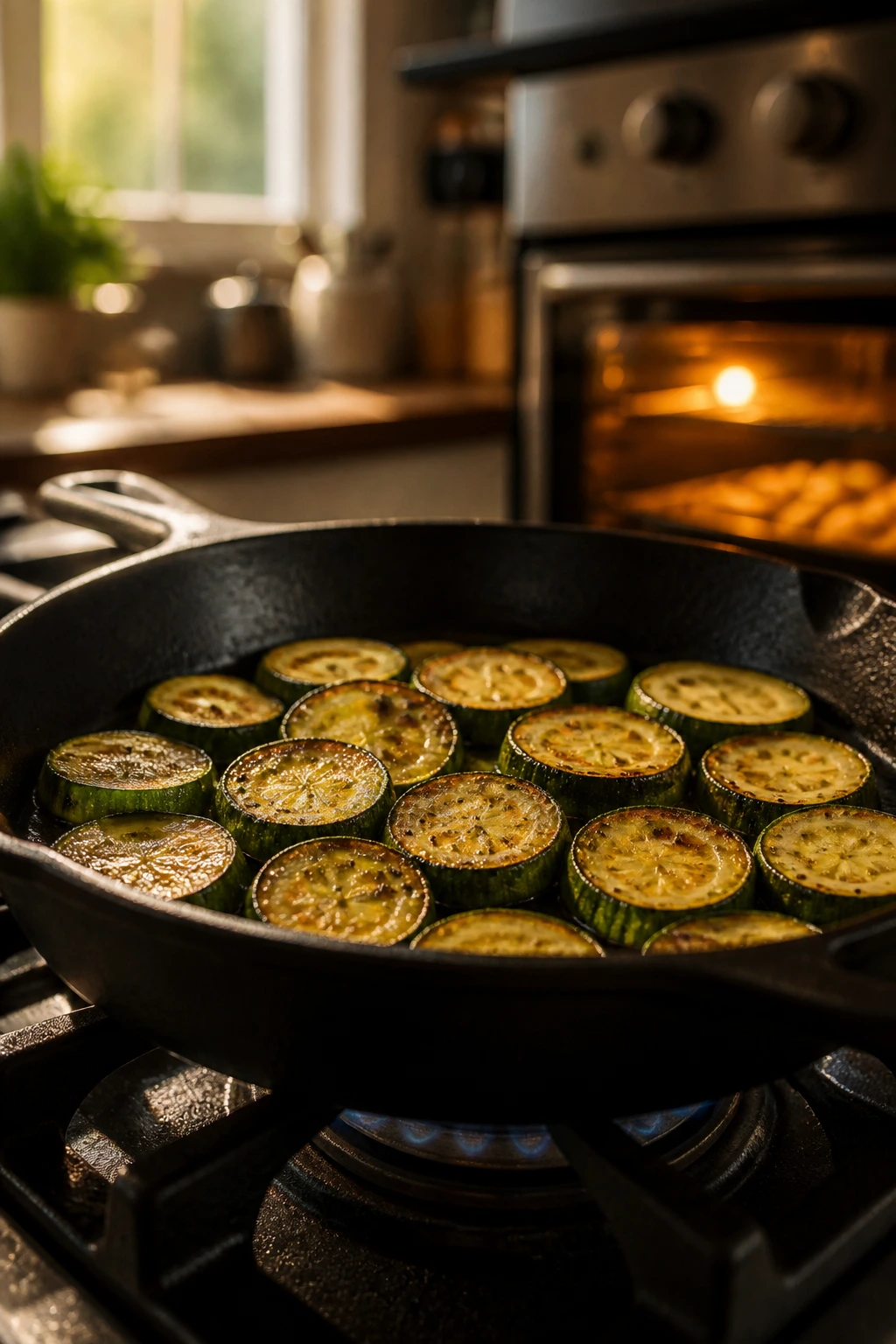 Zucchini slices browning in a skillet with oven glow in background