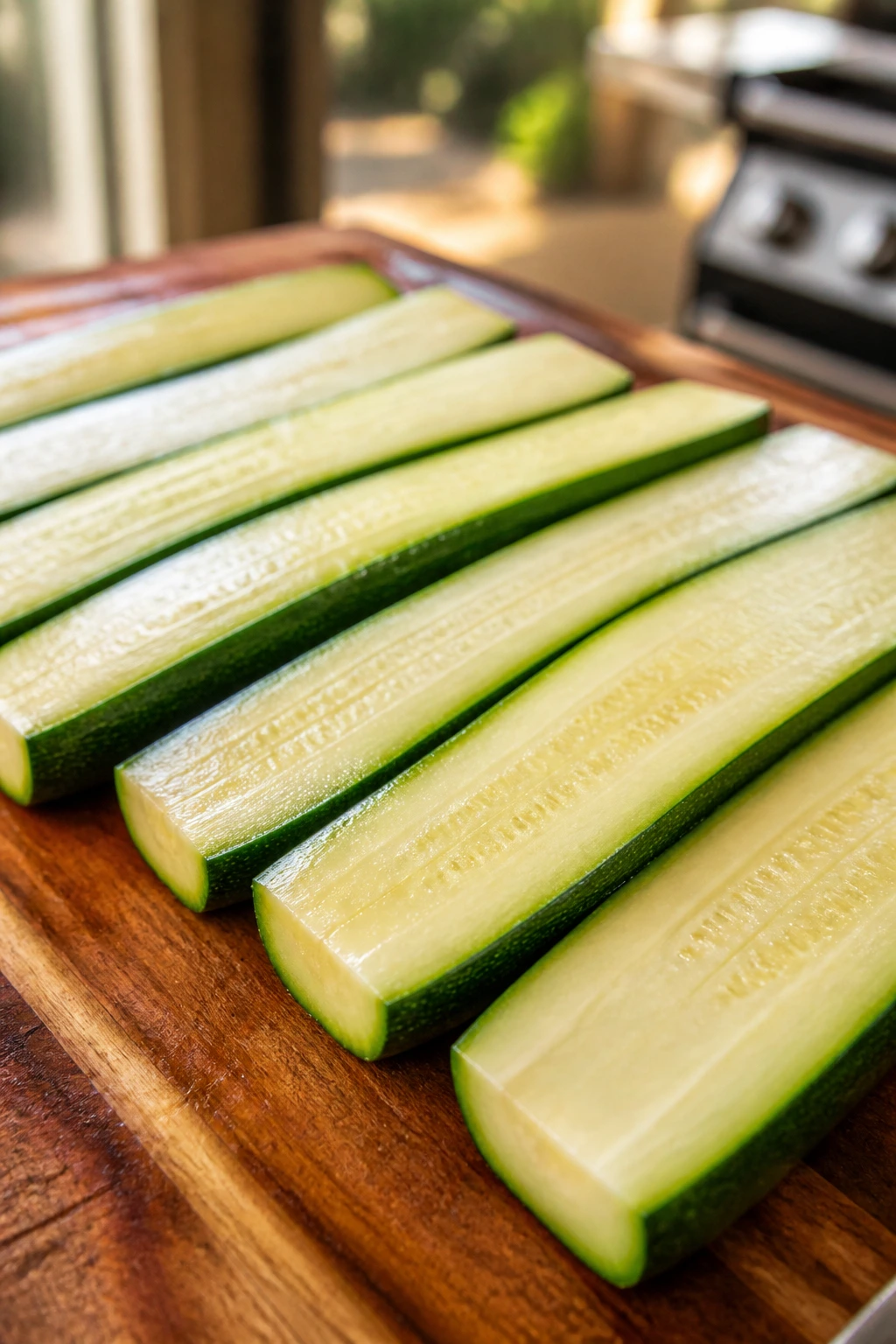 Even diagonal zucchini slices arranged on cutting board