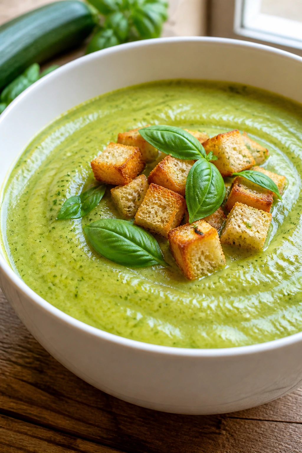 Green zucchini soup with basil and croutons