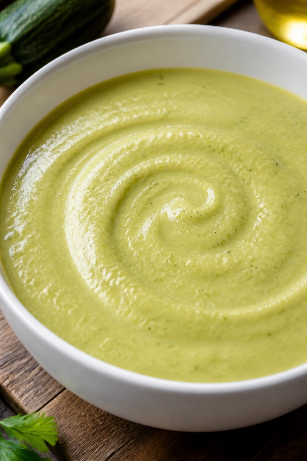 Close-up of pale-green creamy zucchini soup in a white bowl on a rustic wooden table with warm window light