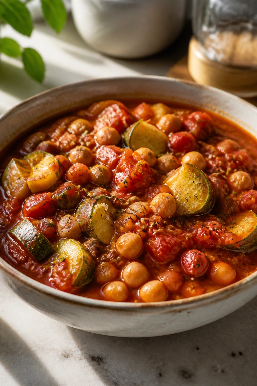 Zucchini Tomato Stew in a bowl with zucchini chunks and chickpeas on a kitchen counter