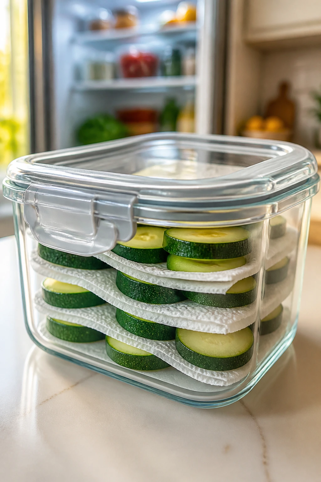 Glass container with zucchini slices and paper towels for storage in a kitchen