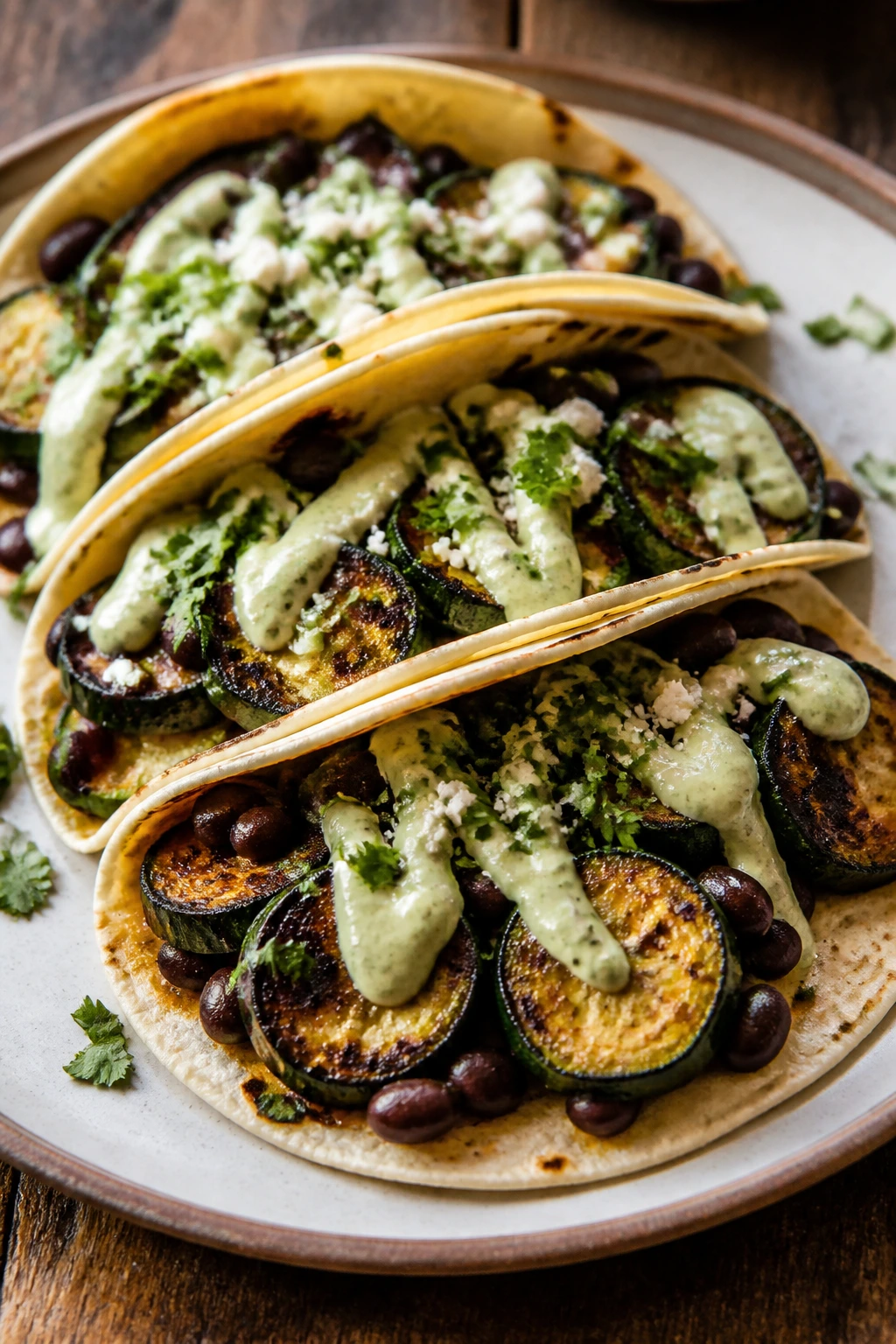 Tacos with smoky zucchini black beans and avocado crema