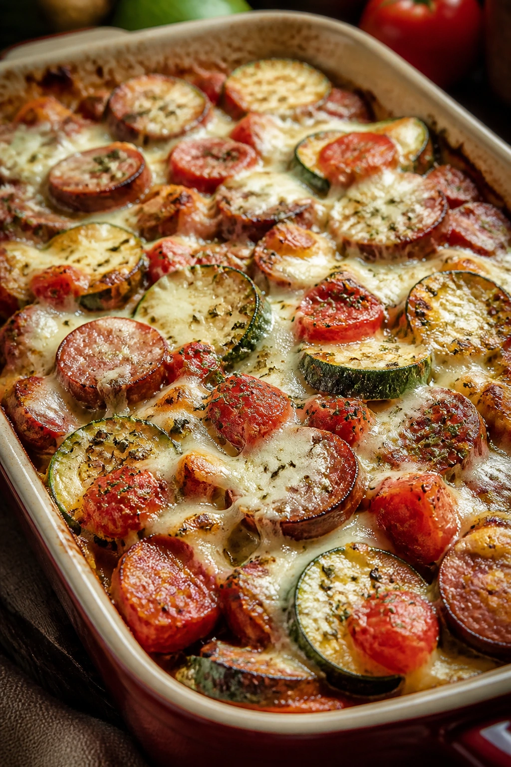 Close-up of Zucchini and Tomato Bake with Smoked Sausage in a baking dish