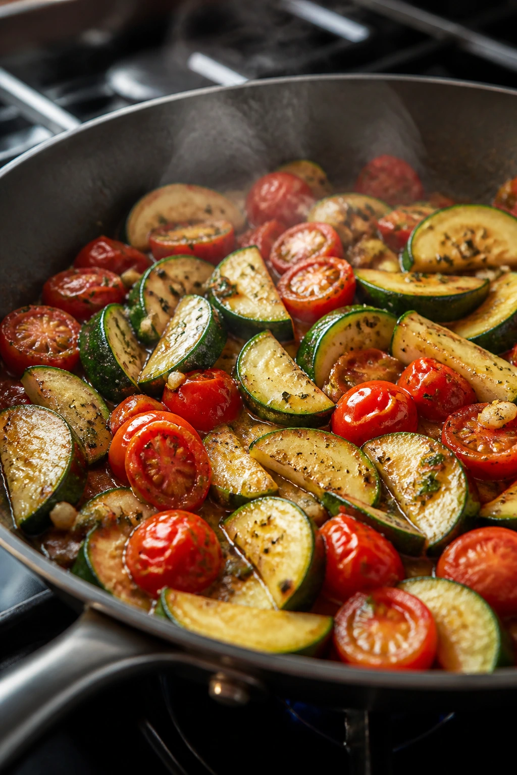 Close-up of sautéed zucchini and cherry tomatoes in a skillet with garlic and herbs.