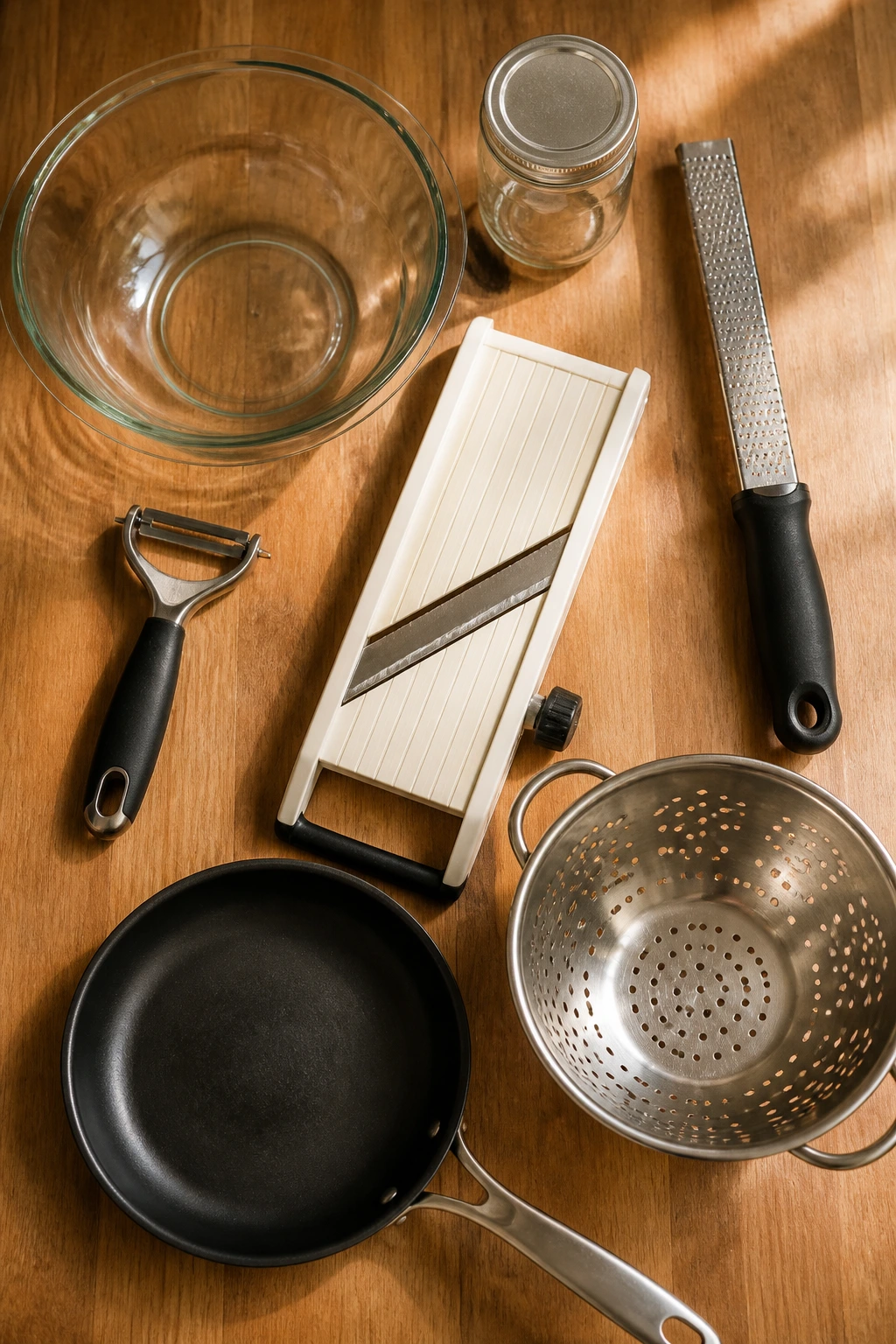 Top-down view of essential salad prep tools on wooden counter