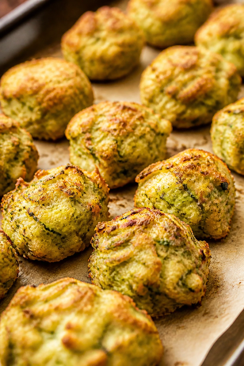 Close-up of crispy baked zucchini tots on parchment in a warm kitchen