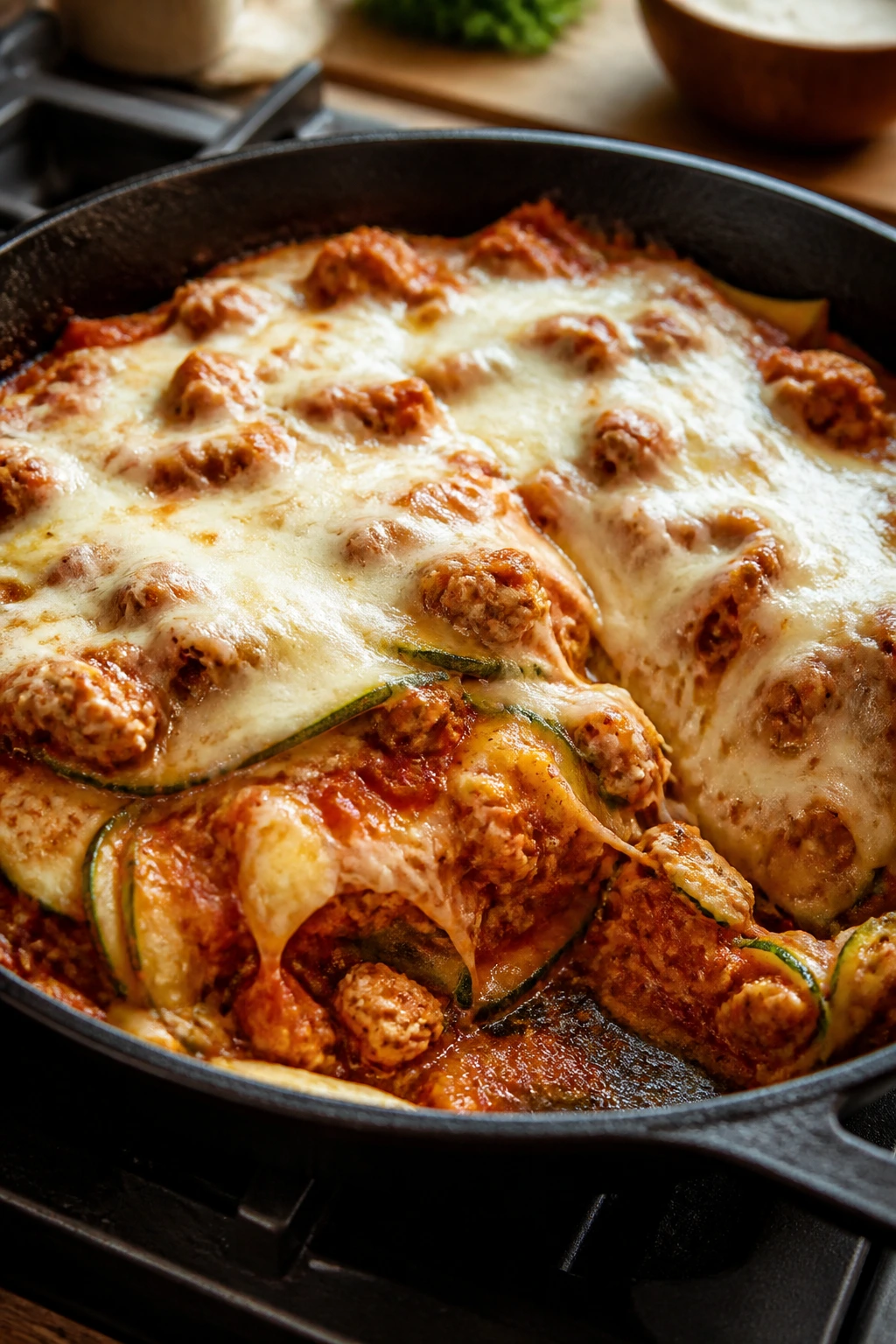 Close-up of zucchini turkey lasagna skillet with melted cheese