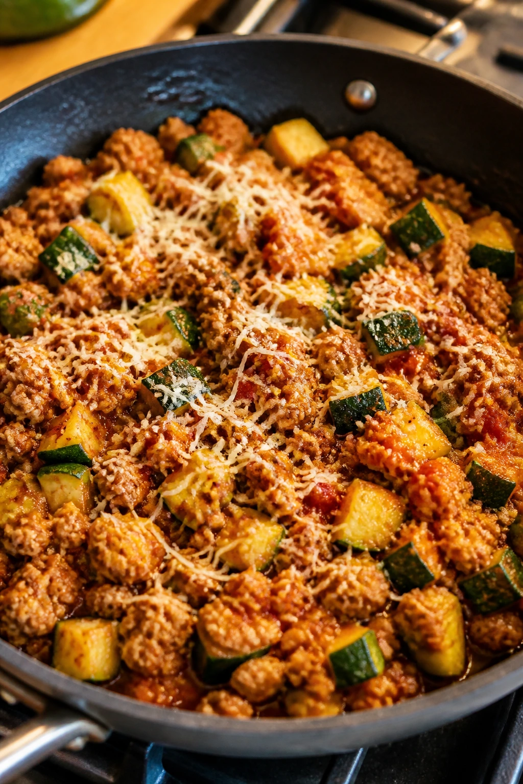One-pan Zucchini Turkey Skillet with turkey and zucchini filling the frame