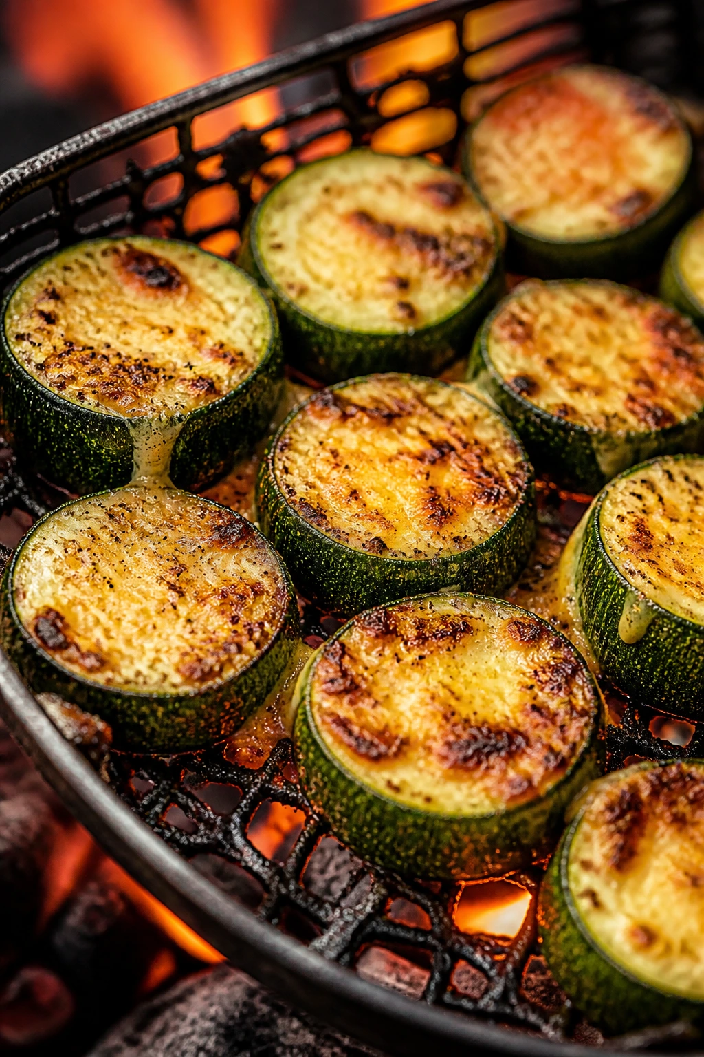 Parmesan-char zucchini coins on a grill basket with melted cheese