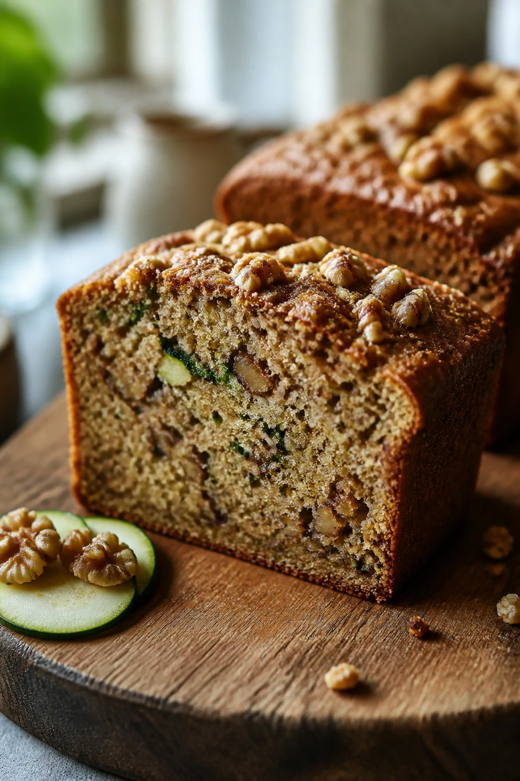 Close-up of zucchini walnut snack cake slice on wooden board