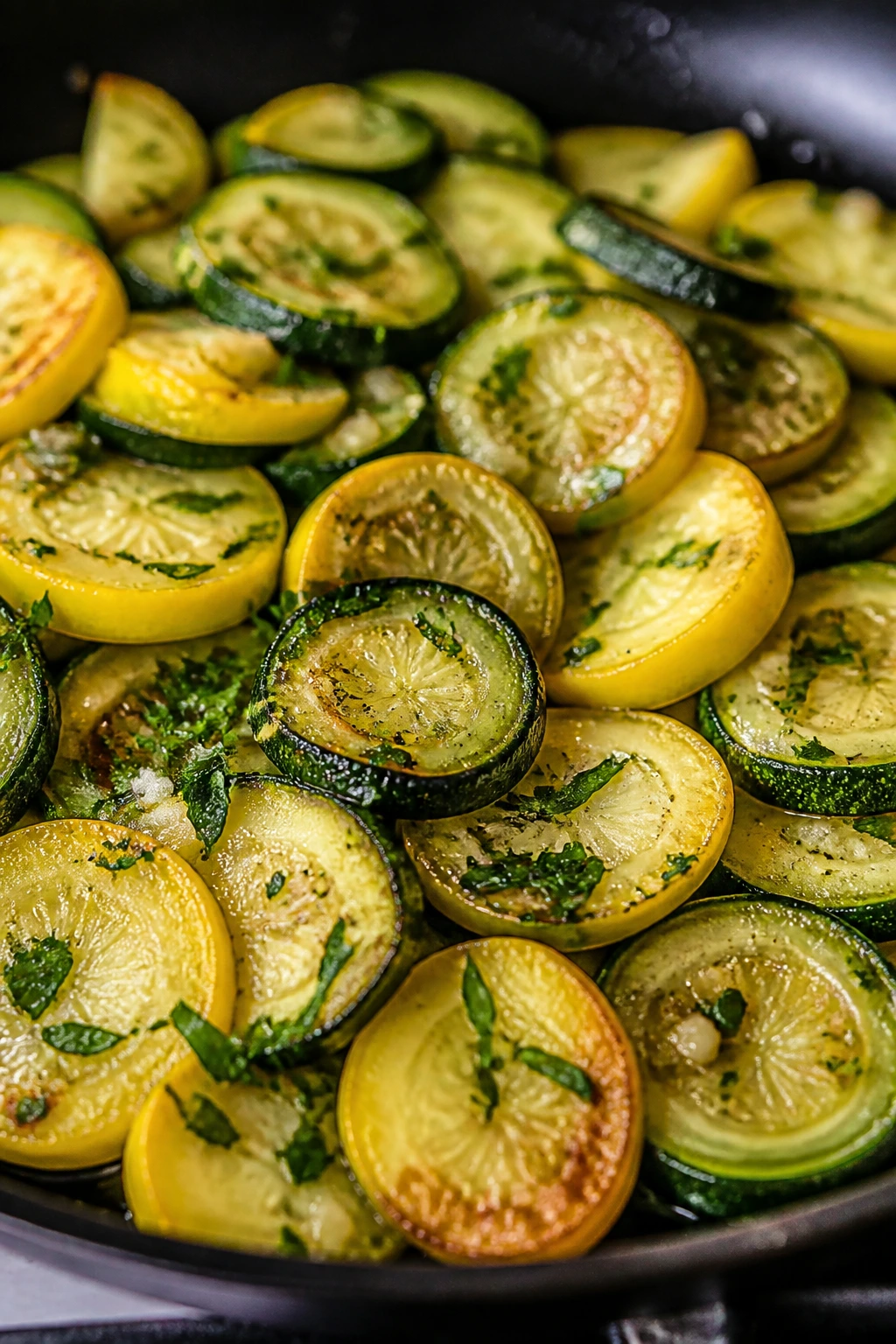 Sautéed zucchini and yellow squash in a skillet with garlic