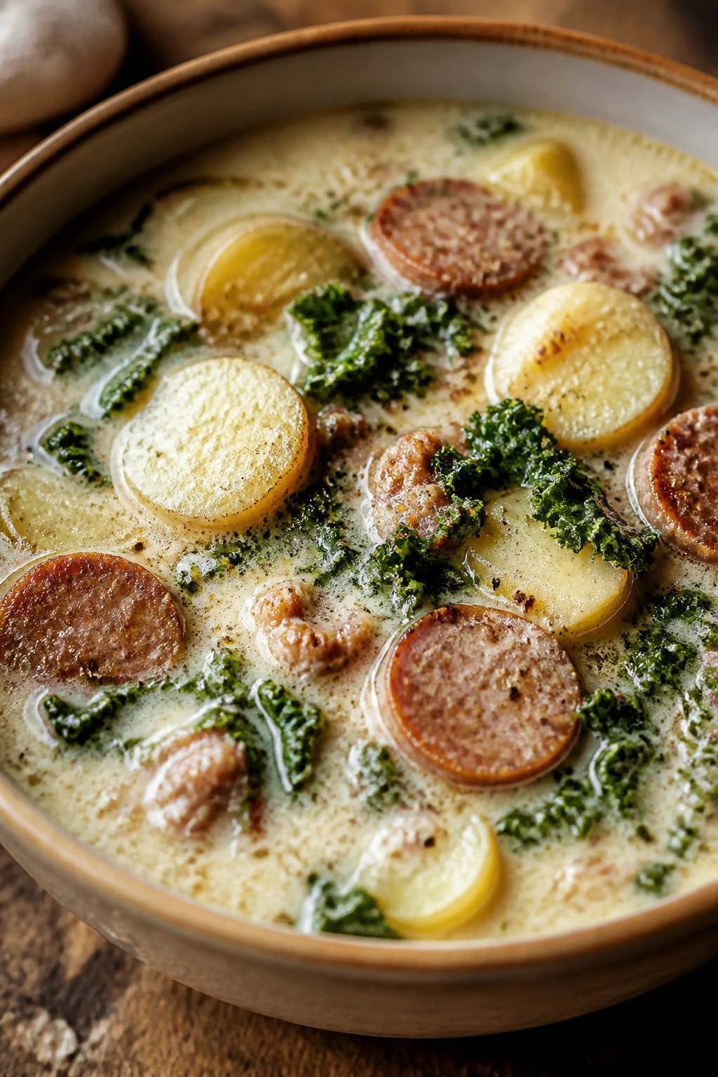 Creamy Zuppa Toscana in a bowl with sausage, potatoes, and kale.