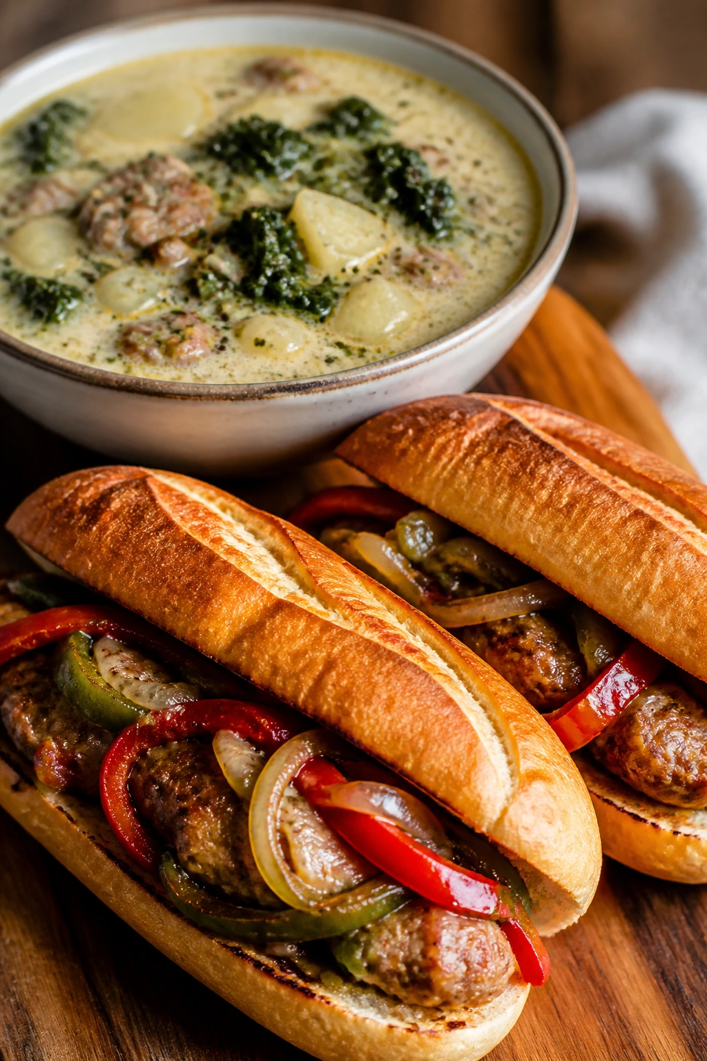 Close-up of Zuppa Toscana with sausage peppers subs on a wooden board