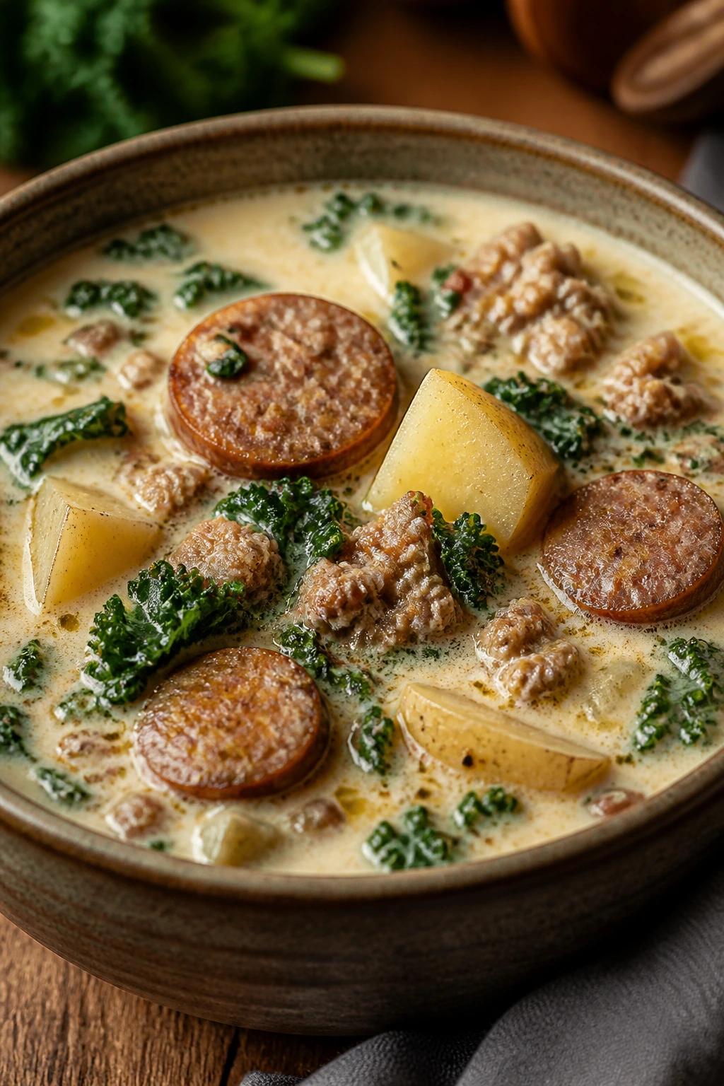 Zuppa Toscana with sausage, potatoes, kale in creamy broth