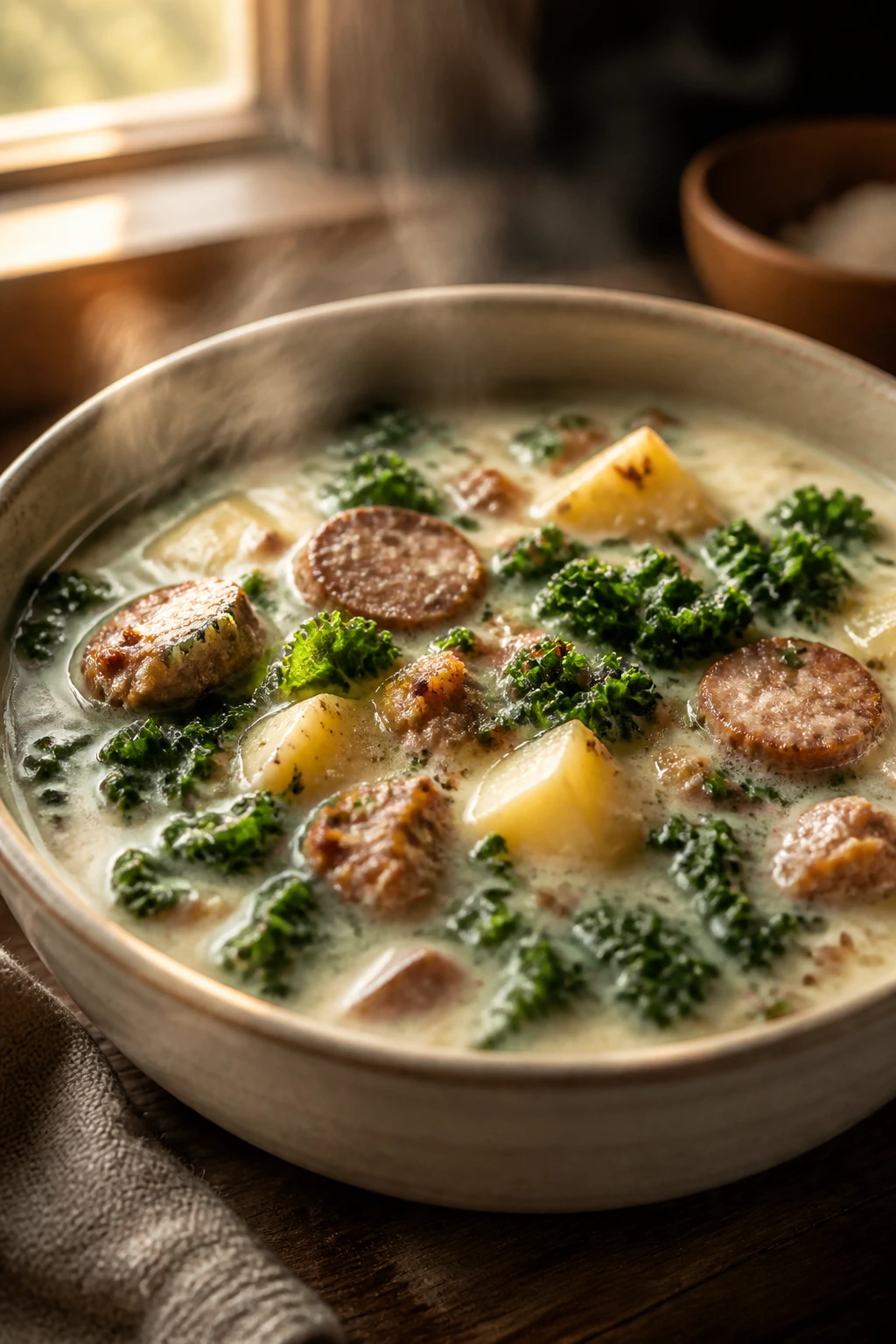 Close-up of Zuppa Toscana with sausage, potatoes and kale in creamy broth.